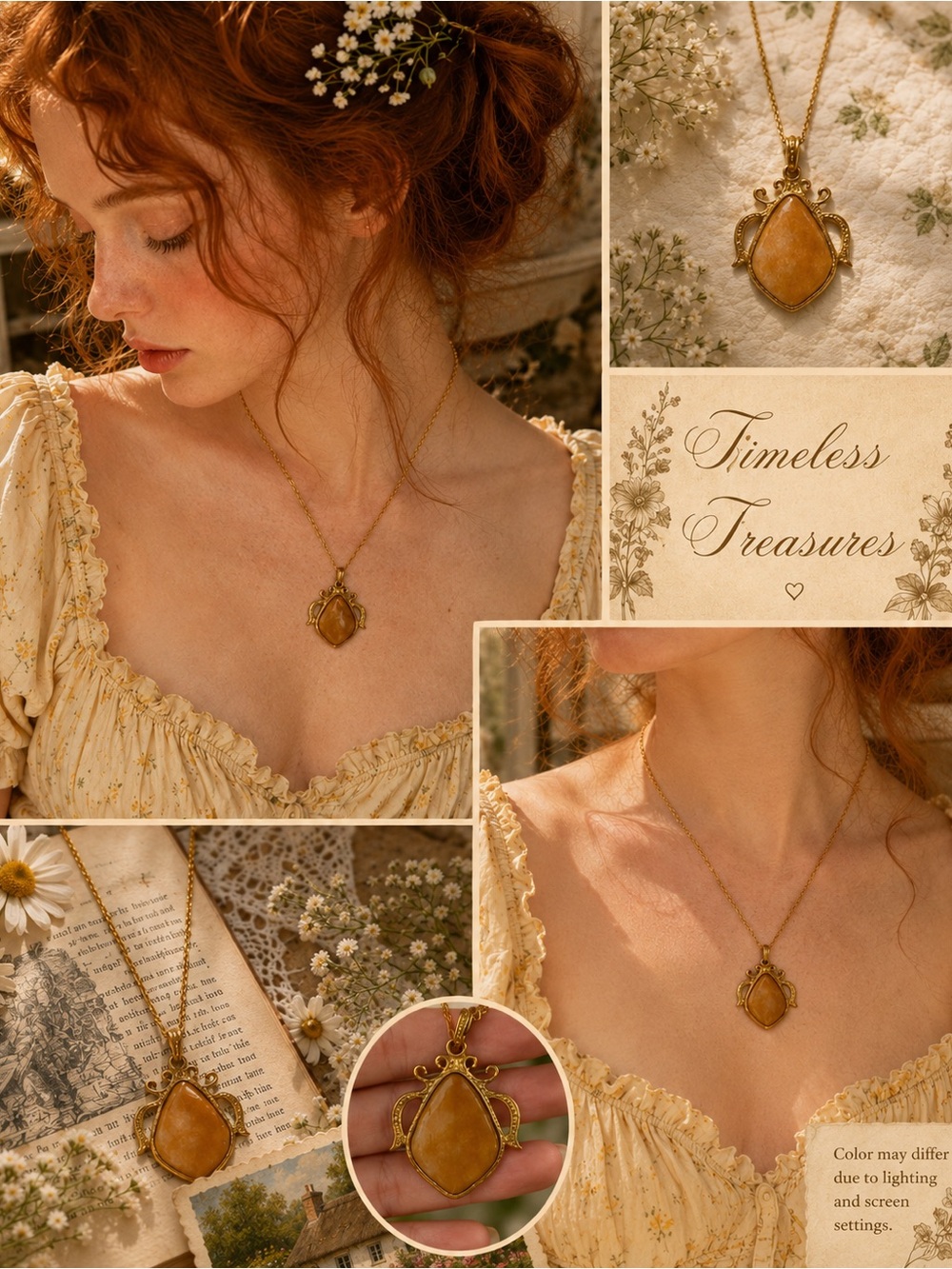 Vintage Gold Tone Yellow Aventurine Jade Teardrop Pendant Necklace